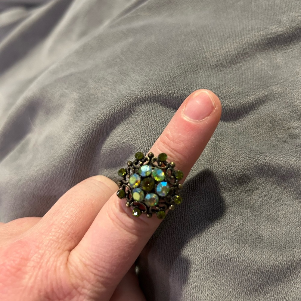 Vintage-Inspired Green Crystal Cluster Cocktail Ring